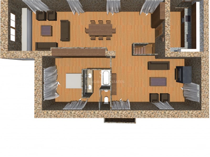 Plan 3D montrant un salon ouvert, des murs en pierre, des parquets et une suite parentale privée.