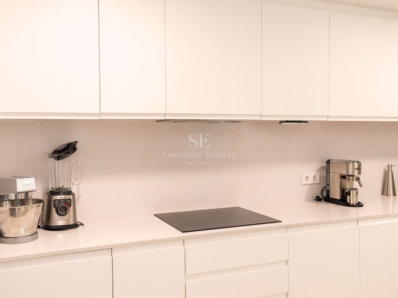 Cuisine blanche contemporaine avec placards sans poignées, plan de travail en quartz et plaque à induction.