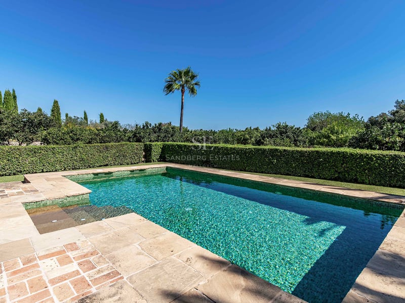 Piscine rectangulaire en mosaïque verte entourée d'une terrasse en pierre et de haies taillées sous un ciel bleu.