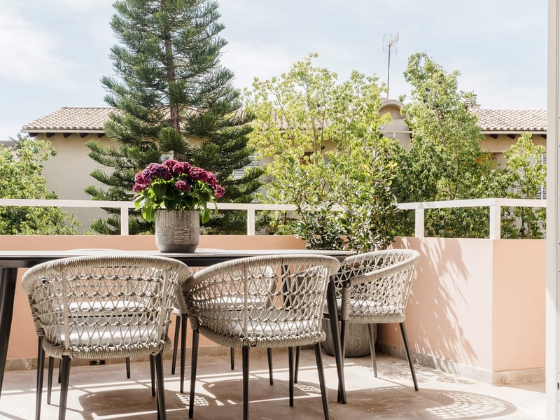 Terrasse ensoleillée avec table noire, chaises tressées et fleurs violettes, surplombant des arbres verdoyants.