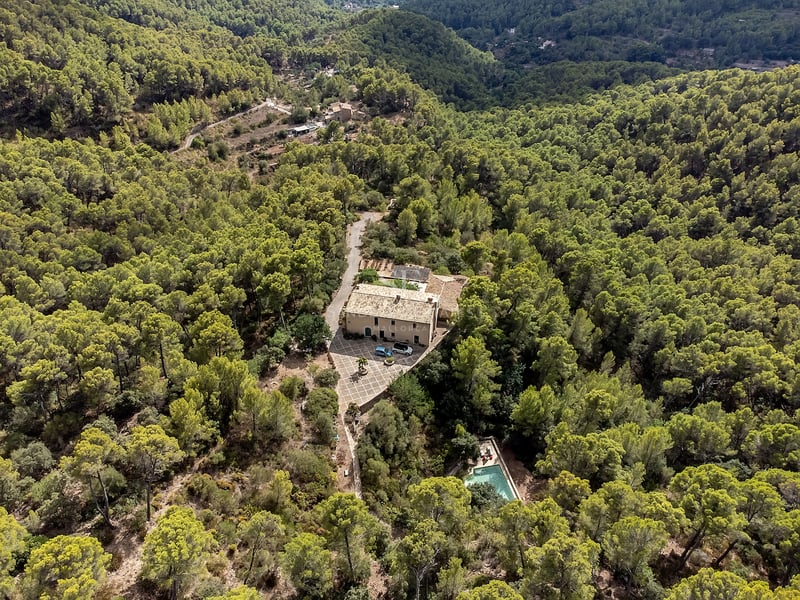 Vue aérienne d'une grande villa en pierre avec piscine, entourée d'une forêt de pins dense sur une colline.