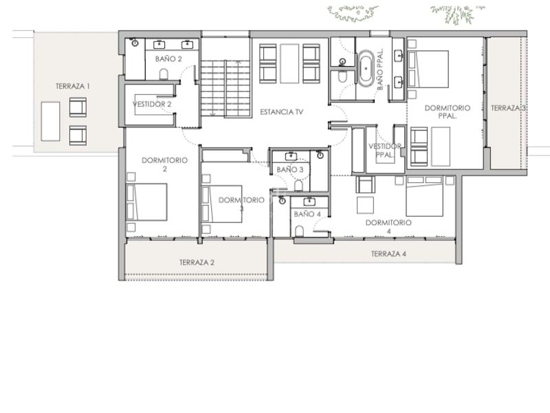 Plan d'architecte du premier étage comprenant quatre chambres, salles de bains attenantes, salon TV et terrasses.