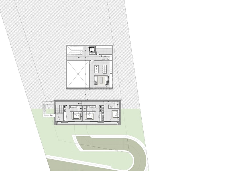 Dessin technique architectural montrant l'aménagement d'une villa sur deux niveaux avec chambres et ascenseur.