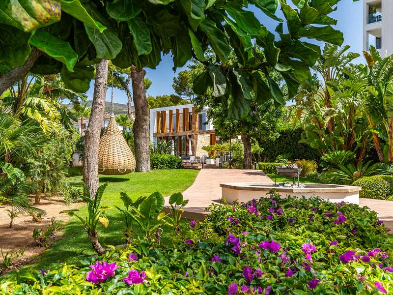 Un jardin méditerranéen soigné avec des bougainvilliers violets, une balançoire en osier et une villa moderne blanche.