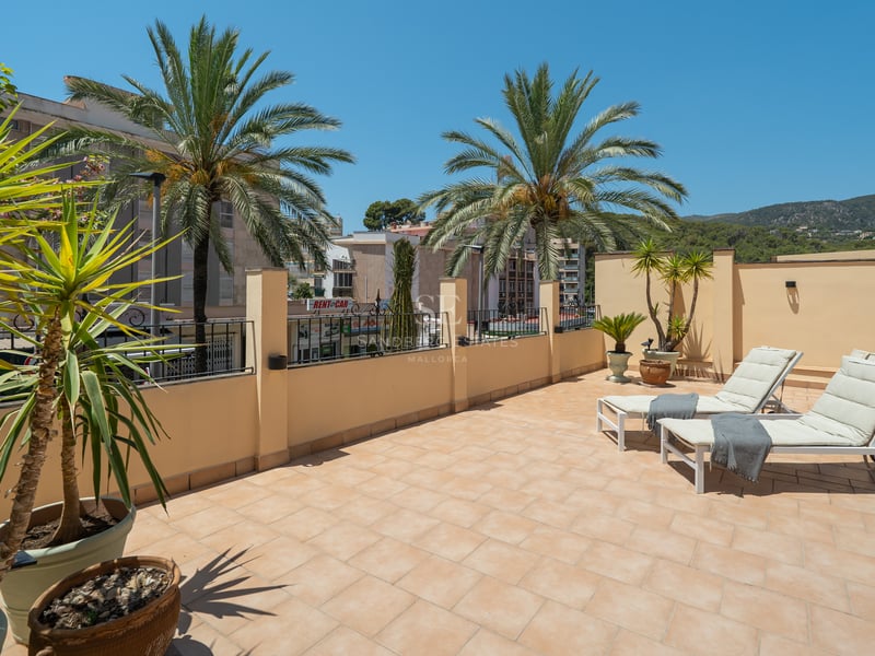 Terrasse extérieure ensoleillée avec carrelage en terre cuite, deux chaises longues blanches, palmiers et vue sur la montagne.