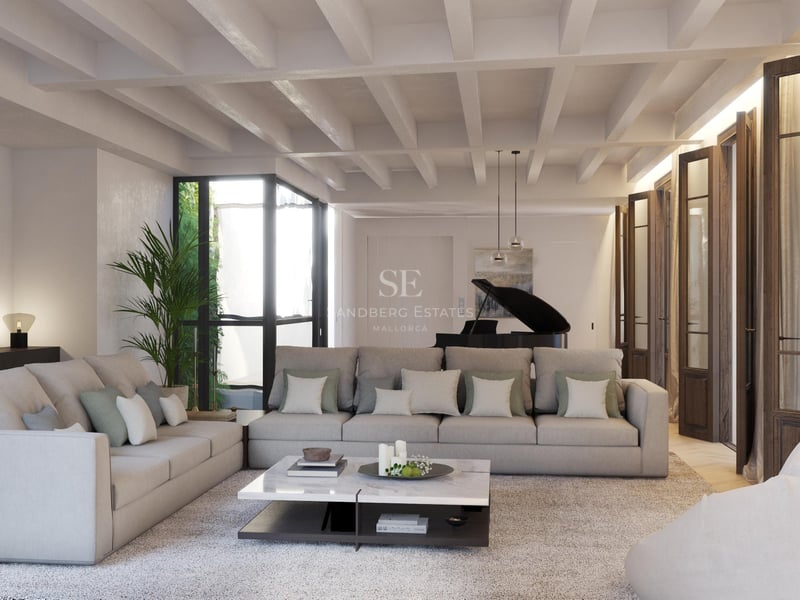 Vue extérieure d'une villa moderne avec piscine, grand jardin et architecture minimaliste. Éclairage d'ambiance chaleureux.