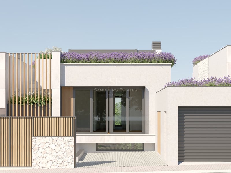 Façade de villa contemporaine blanche avec murs en pierre, accents en bois et jardinières de lavande.
