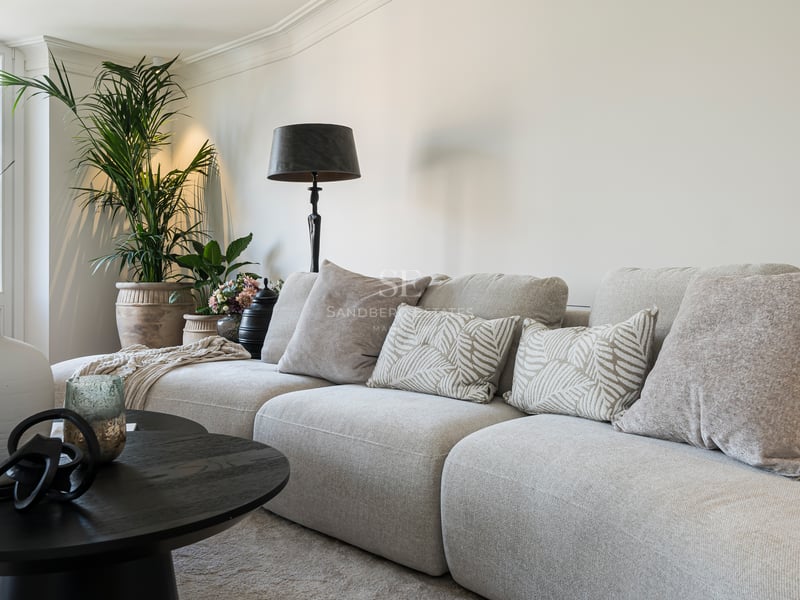 Beige modular sofa, black coffee table, and indoor plant in front of a large window overlooking historic architecture.