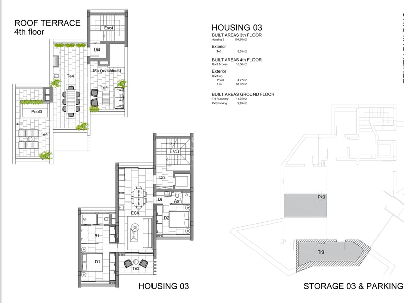 Plan d'architecte montrant l'aménagement multi-niveaux de l'Habitation 03, comprenant une terrasse sur le toit avec piscine.
