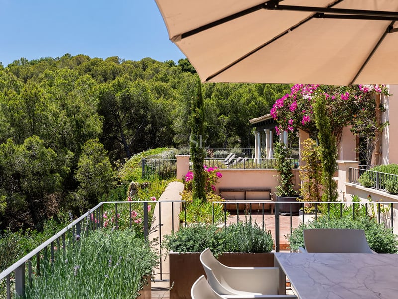 Terrasse avec table en marbre et parasol surplombant une forêt de pins luxuriante sous un ciel bleu clair.