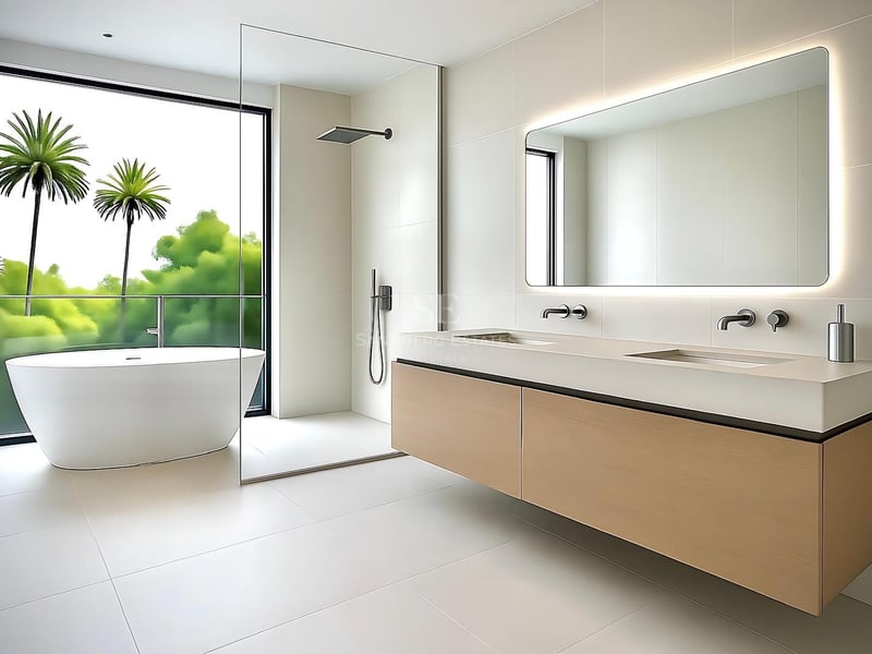 Salle de bain moderne avec baignoire îlot, vue sur palmiers, double vasque suspendue et miroir rétroéclairé.