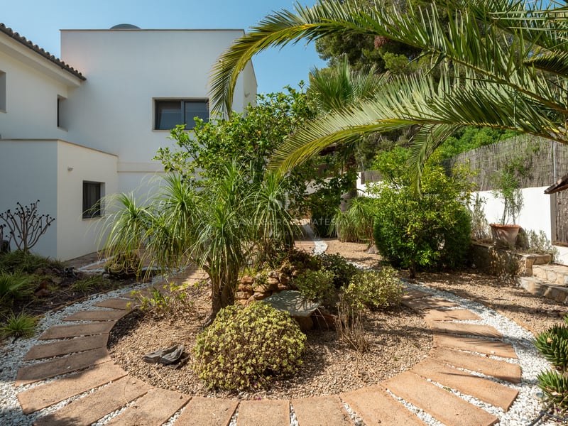 Allée circulaire en pierre dans un jardin méditerranéen avec palmiers et une villa moderne blanche en arrière-plan.