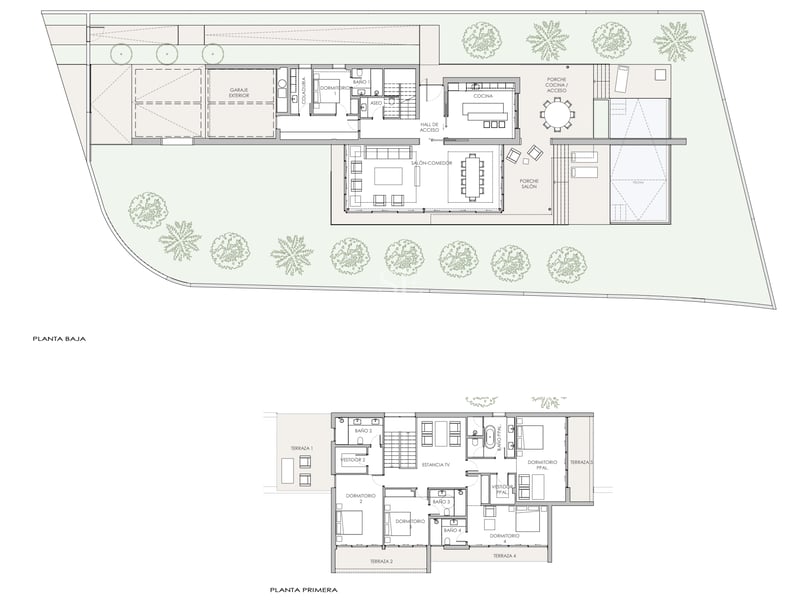 Plan architectural montrant une villa de luxe sur deux niveaux avec piscine, jardin, garage et espaces de vie ouverts.