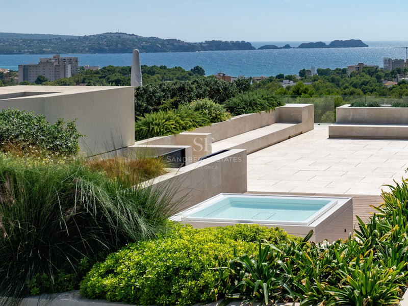Terrasse de toit moderne avec une petite piscine, pavage en pierre, jardinières verdoyantes et vue sur la mer.