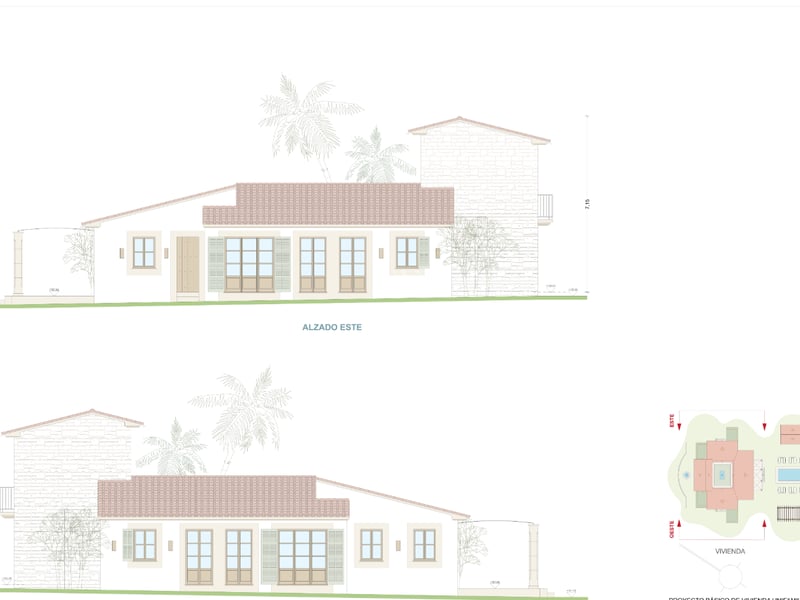 Dessin technique montrant les façades est et ouest d'une villa méditerranéenne et un plan de masse.