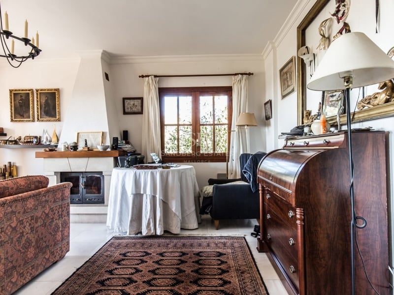 Salon chaleureux avec canapé à motifs, cheminée, tapis d'Orient et secrétaire en bois ancien.