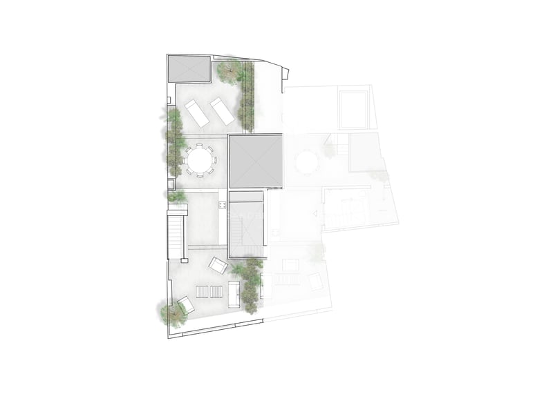 Plano arquitectónico de una terraza de varios niveles con comedor exterior, hamacas y vegetación.