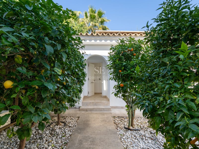 Un chemin en pierre bordé de citronniers et d'orangers mène à l'entrée voûtée d'une villa blanche.