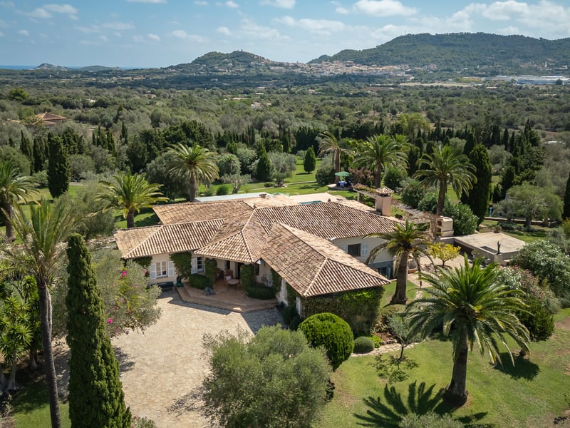 Aerial view of a large Mediterranean villa with terracotta roofs surrounded by mature palms and lush greenery.