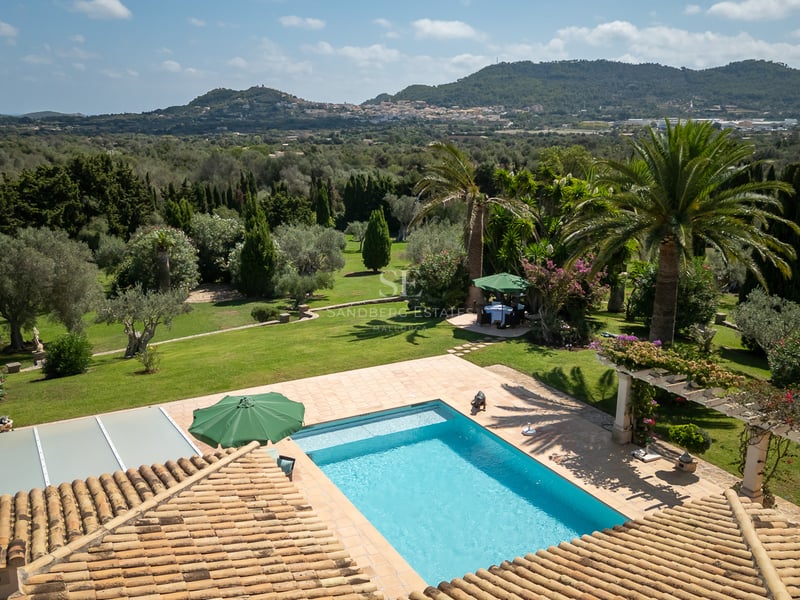 Elevated view of a rectangular swimming pool surrounded by terracotta decking and lush Mediterranean gardens.