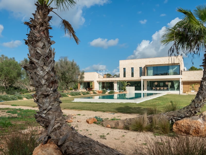 Villa moderne de deux étages avec une grande piscine rectangulaire, pelouse et palmiers sous un ciel bleu.