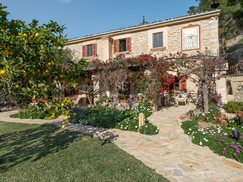 Extérieur d'une villa en pierre avec bougainvilliers, citronnier et chemin pavé sous une lumière naturelle vive.