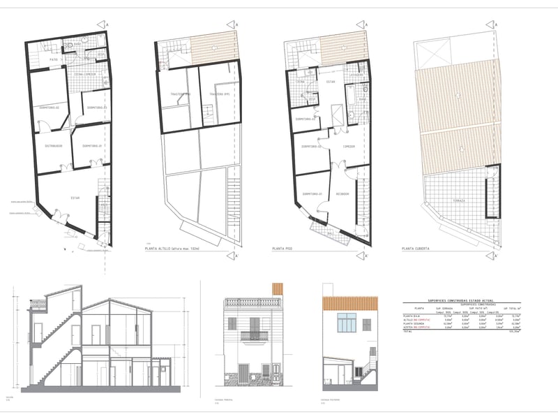 Detaillierte Architekturzeichnungen eines mediterranen Hauses mit vier Ebenen, Schnitten und Fassadenansichten.