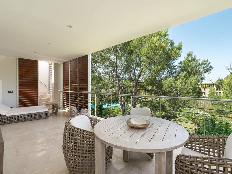 Terrasse couverte avec table en bois, fauteuils tressés et chaises longues donnant sur des pins.