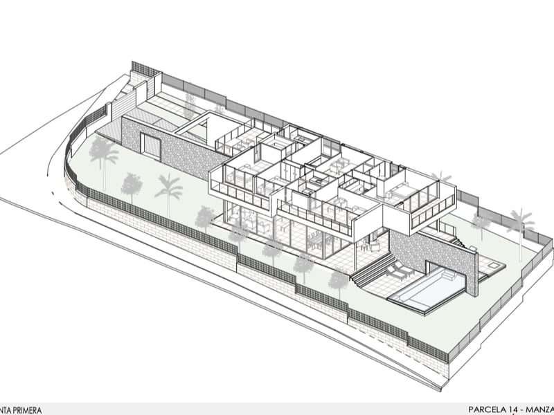 Dessin axonométrique 3D d'une villa moderne de deux étages avec piscine, terrasses et aménagement intérieur.