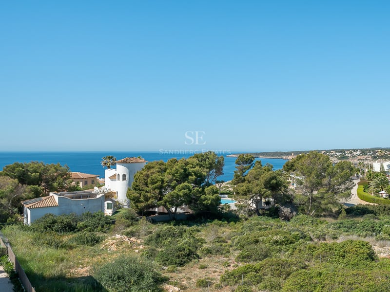 Vue en plongée de la mer Méditerranée bleue derrière des arbres verts et des villas méditerranéennes blanches.