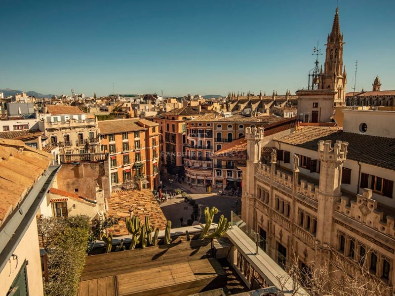 Vista elevada de los tejados mediterráneos y el pináculo de una catedral gótica bajo un cielo azul despejado.