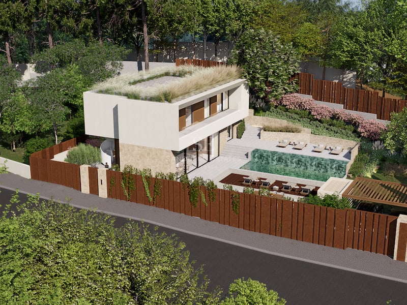 Vue aérienne d'une villa moderne de deux étages avec toit végétal, piscine à débordement et jardins.