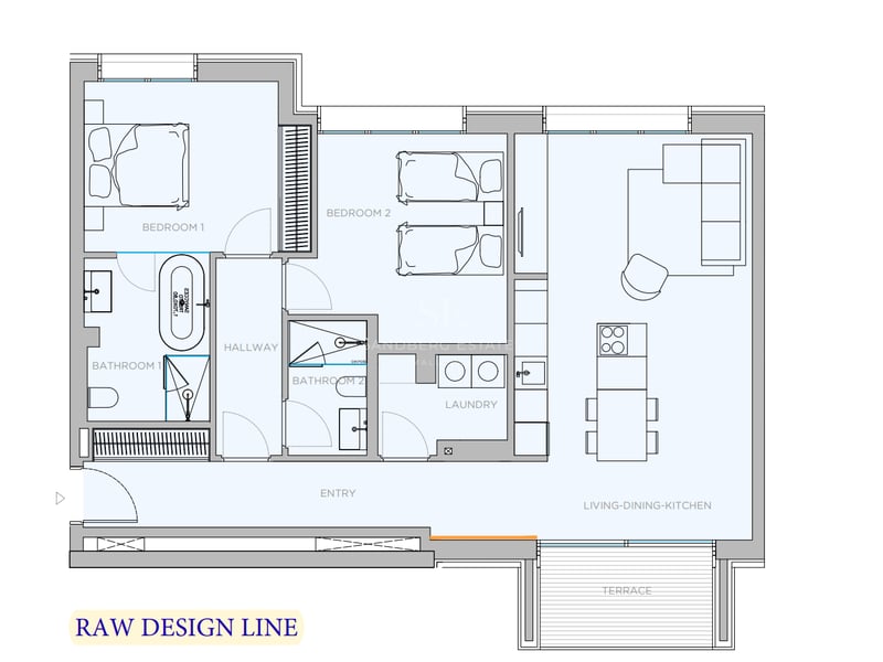 Plan d'architecte 2D montrant un appartement de deux chambres avec espace de vie ouvert, terrasse et deux salles de bains.