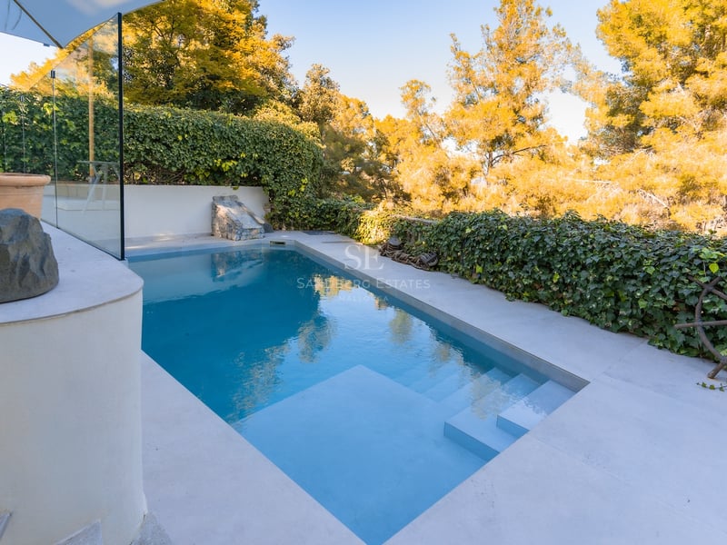 Piscine turquoise avec marches intégrées, entourée de dalles en pierre claire et de murs de lierre.