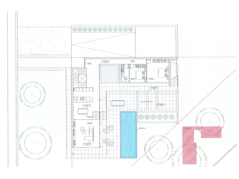 Plan architectural détaillé du rez-de-chaussée montrant les espaces de vie, les chambres et la terrasse avec piscine.