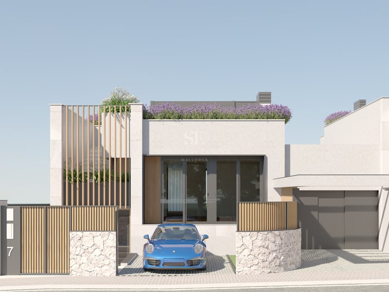 Façade contemporaine de villa blanche avec murs en pierre naturelle, lattes de bois verticales et toit végétalisé.
