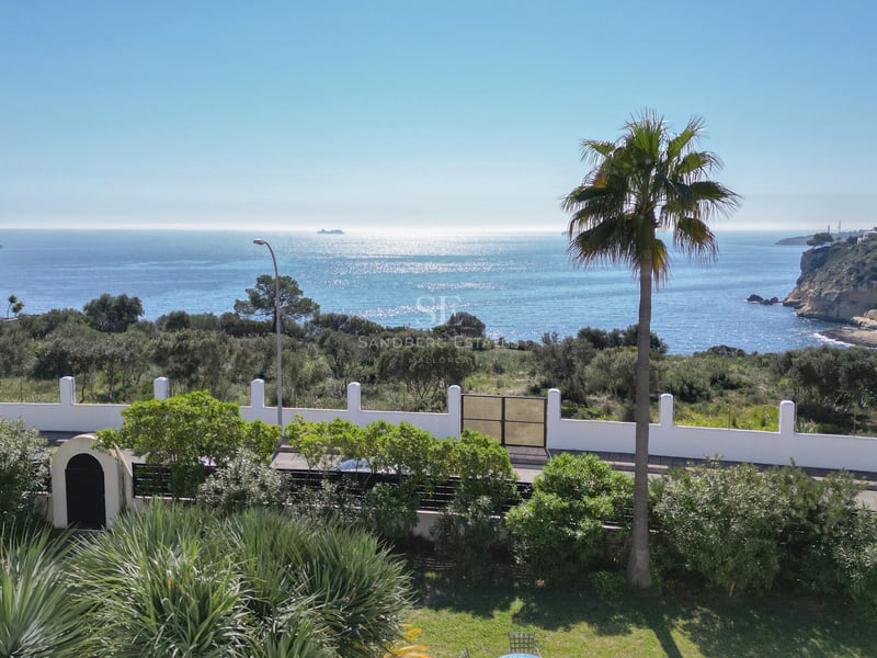 Vue d'une mer bleue scintillante et de palmiers depuis un jardin avec un mur blanc et des falaises au loin.