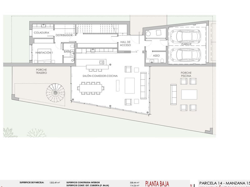 Plan technique du rez-de-chaussée d'une villa avec salon ouvert, garage double et grandes terrasses extérieures.