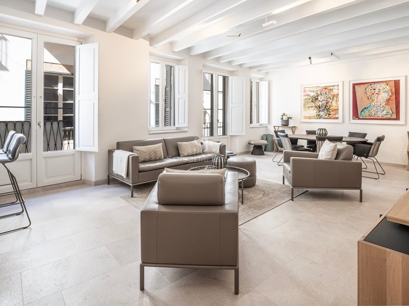 Grand salon avec canapés en cuir taupe, plafond à poutres blanches et grandes fenêtres avec volets.