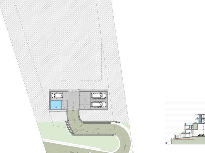 Dessin technique montrant la coupe multiniveau d'une villa de luxe et l'aménagement de l'entrée du garage.