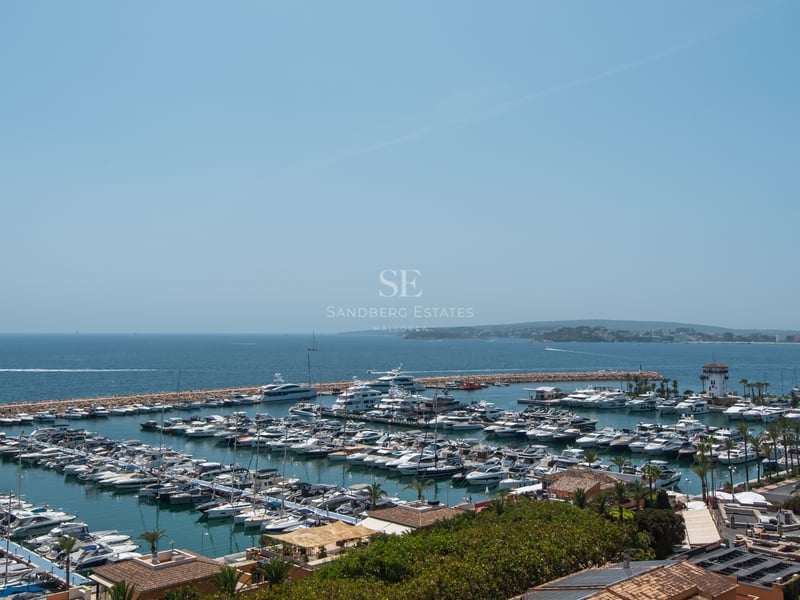 Vue en plongée d'une marina remplie de yachts blancs et de bateaux sous un ciel bleu azur.