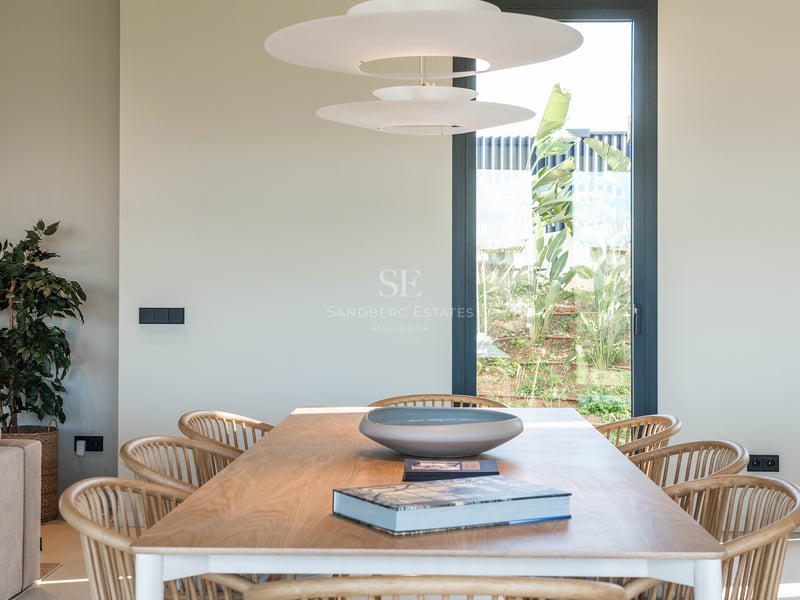 Moderner Essbereich mit Holztisch, Rattan-Stühlen, Designer-Hängeleuchte und Fenster zum Garten.