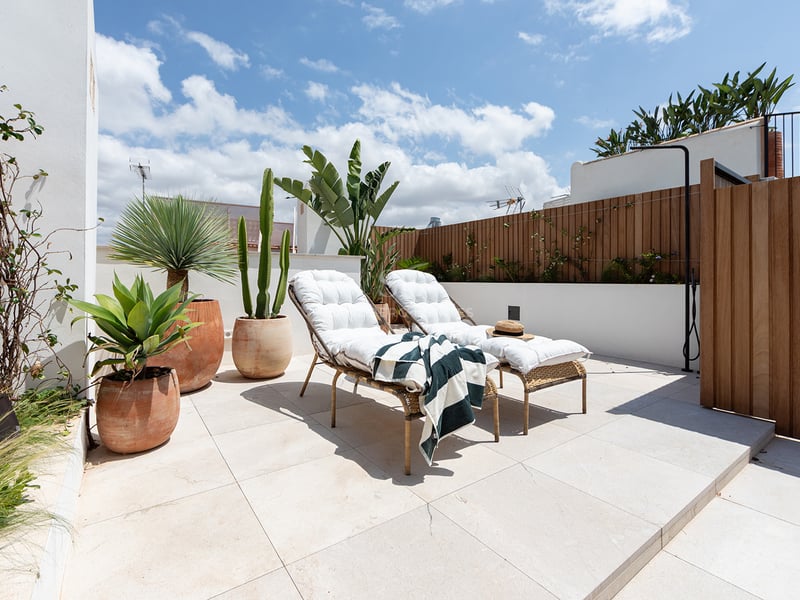 Terraza moderna en la azotea con dos tumbonas blancas, grandes macetas de terracota con cactus y valla de madera.
