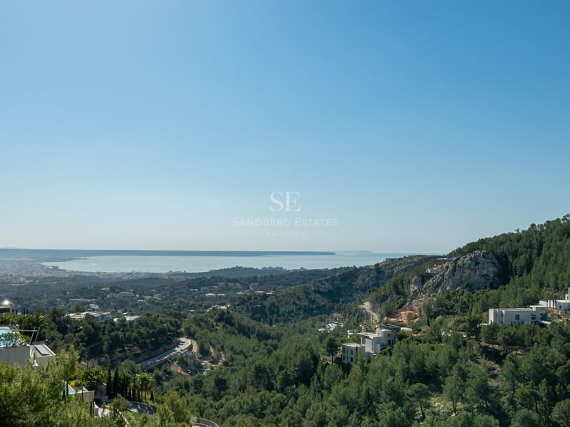 Villas blanches modernes nichées dans une pinède surplombant la mer Méditerranée et l'horizon.
