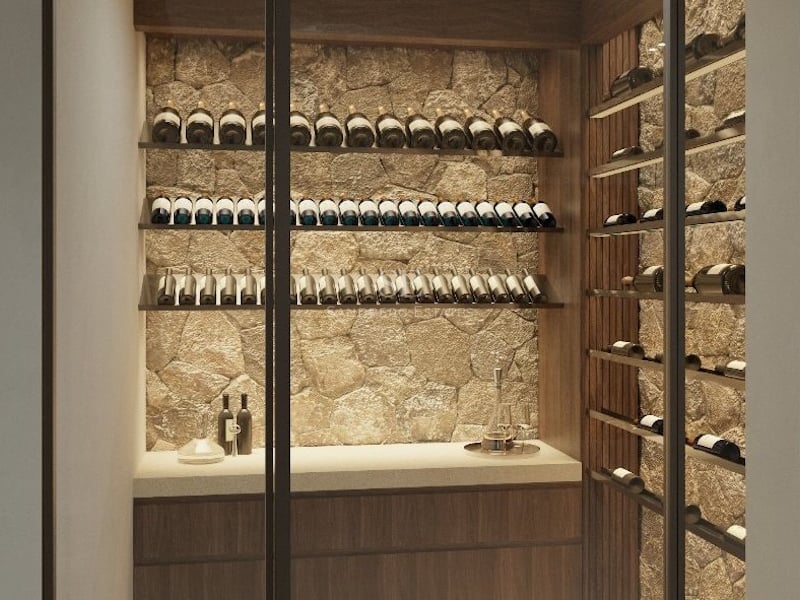 Cave à vin moderne avec portes vitrées, murs en pierre naturelle et étagères à vin éclairées.