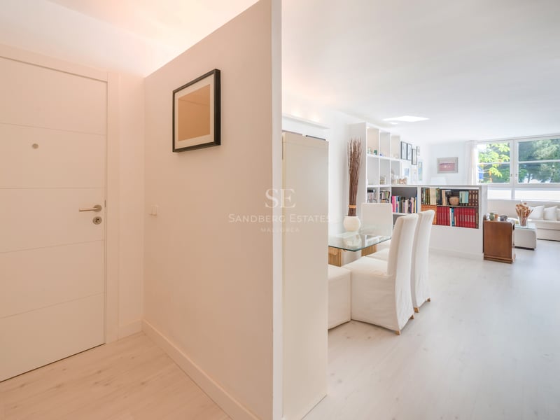 Une entrée blanche et lumineuse menant à un salon minimaliste avec du parquet en bois clair et de grandes fenêtres.
