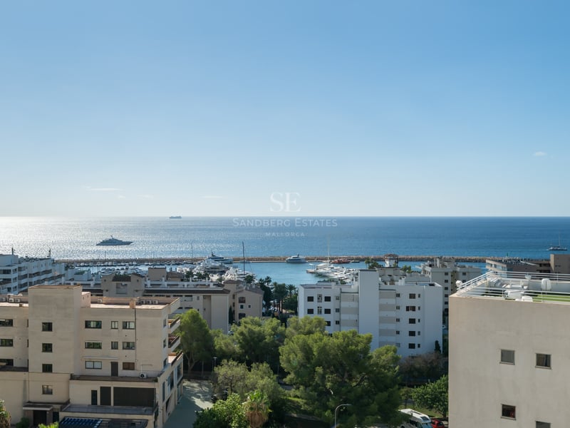 Vue en hauteur d'une ville côtière, d'un port rempli de yachts et de la mer Méditerranée sous un ciel bleu.