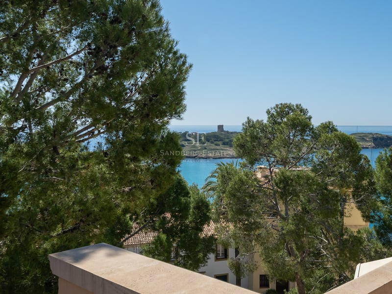 Vue depuis une terrasse en pierre sur la mer Méditerranée turquoise avec des pins et une petite île au loin.
