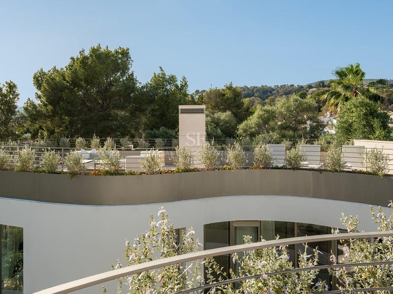 Toit-terrasse moderne aux lignes courbes avec garde-corps en verre, jardinières et mobilier de détente face aux montagnes.