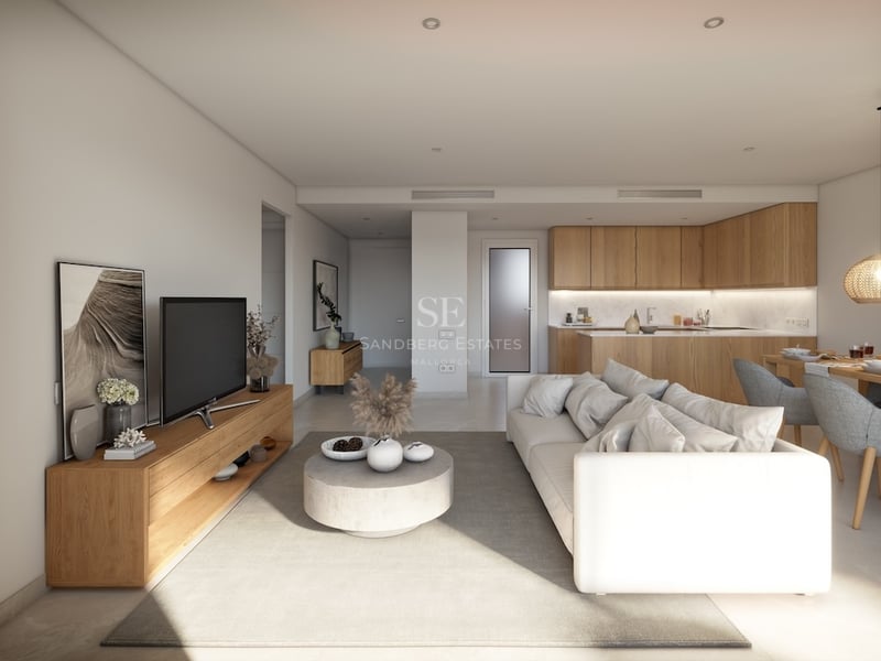 Bright living room with white sofa, wooden TV stand, grey rug, and integrated kitchen in the background.